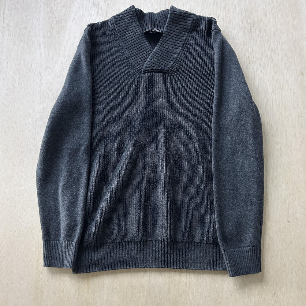 Express Sweater Mens Large Gray Solid Tight Knit Shawl Collar Pullover Casual